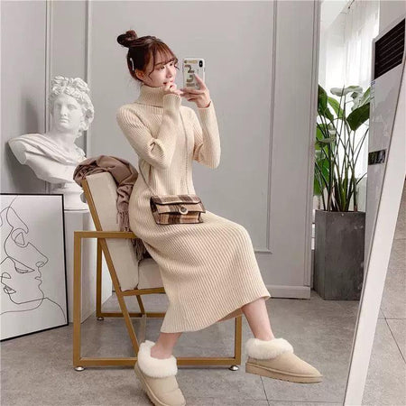 Vienna Knit Midi Dress In Beige - lifestyle shot on model, beige - Miss Mosa By Akanksha