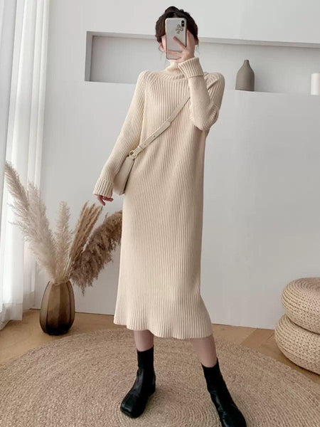 Vienna Knit Midi Dress In Beige - full-length shot on model, beige - Miss Mosa By Akanksha
