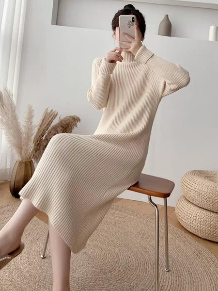 Vienna Knit Midi Dress In Beige - lifestyle shot on model, beige - Miss Mosa By Akanksha