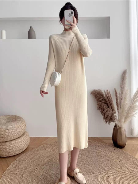 Vienna Knit Midi Dress In Beige - full-length shot on model, beige - Miss Mosa By Akanksha
