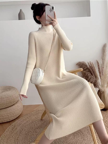 Vienna Knit Midi Dress In Beige - lifestyle shot on model, beige - Miss Mosa By Akanksha