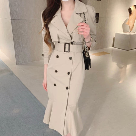 Vio Elegant Pleated Blazer Dress with Belt - front shot on model, beige - Miss Mosa By Akanksha