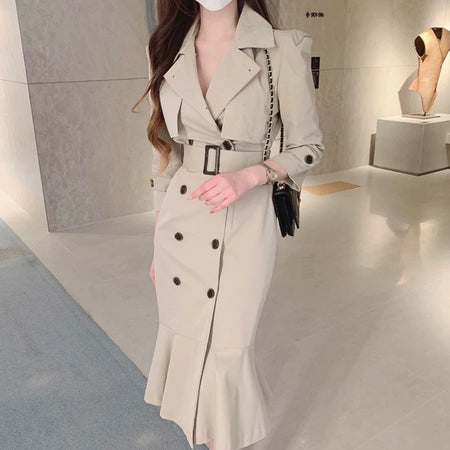 Vio Elegant Pleated Blazer Dress with Belt - front shot on model, beige - Miss Mosa By Akanksha
