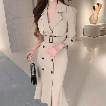 Vio Elegant Pleated Blazer Dress with Belt - front shot on model, beige - Miss Mosa By Akanksha