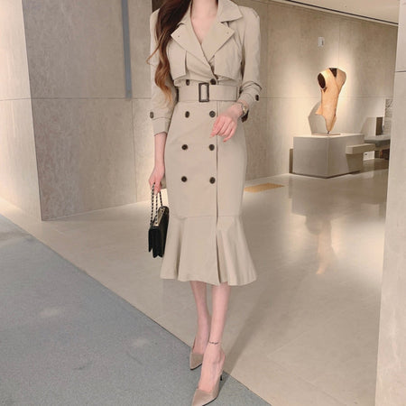 Vio Elegant Pleated Blazer Dress with Belt - full-length front shot on model, beige - Miss Mosa By Akanksha