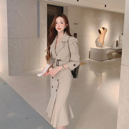 Vio Elegant Pleated Blazer Dress with Belt - side shot on model, beige - Miss Mosa By Akanksha