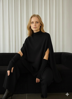 Viola Coord Set With Sleeves - seated shot, black - Miss Mosa By Akanksha