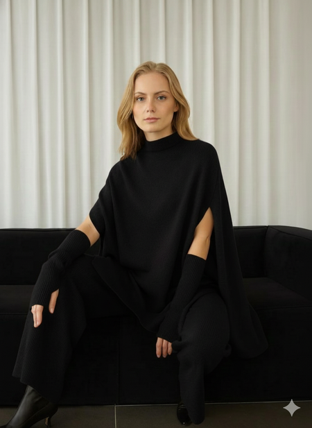 Viola Coord Set With Sleeves - seated shot, black - Miss Mosa By Akanksha