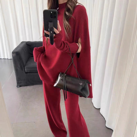 Viola Coord Set With Sleeves - full-length shot, dark red - Miss Mosa By Akanksha