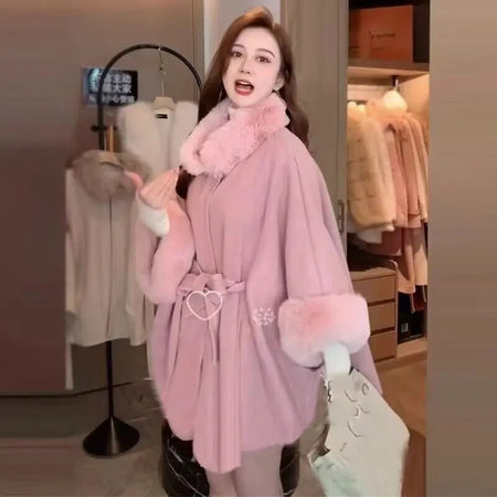 Violetta Premium Winter Capes with Fur Detailing - front shot on model, pink - Miss Mosa By Akanksha