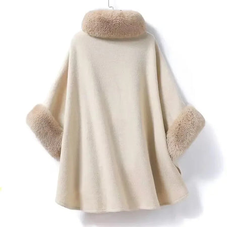 Violetta Premium Winter Capes with Fur Detailing - back shot on hanger, cream - Miss Mosa By Akanksha