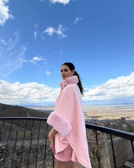 Violetta Premium Winter Capes with Fur Detailing In Pink - side shot on model - Miss Mosa By Akanksha