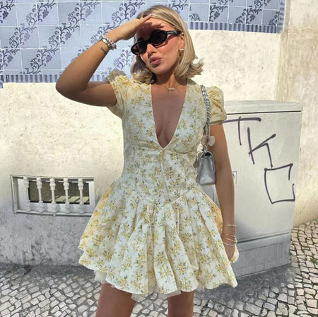 Vironica Floral Summer Dress In Yellow - front shot on model on street - Miss Mosa By Akanksha