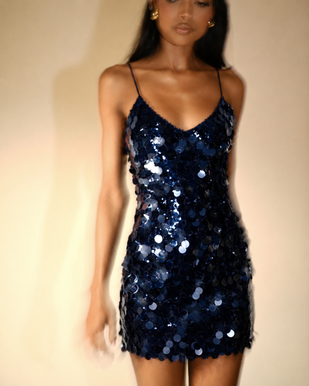 Vita Sequin Mini Dress - close-up front shot, navy blue - Miss Mosa By Akanksha