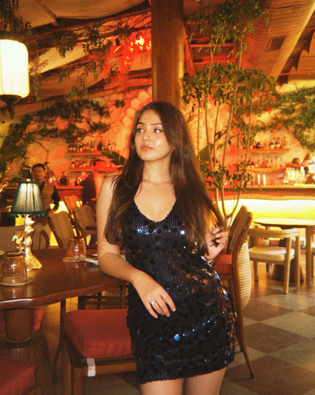 Vita Sequin Mini Dress - three-quarter shot on model, navy blue sequins - Miss Mosa By Akanksha