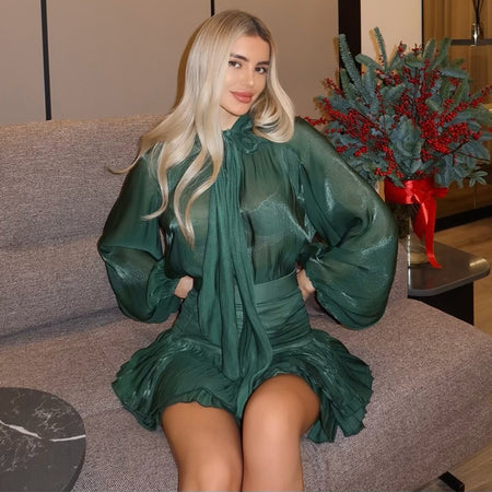 Vitoria Ruffle Coord Skirt Set - seated shot, emerald green - Miss Mosa By Akanksha