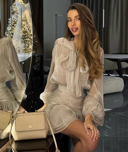 Vitoria Ruffle Coord Skirt Set - seated shot, champagne beige - Miss Mosa By Akanksha