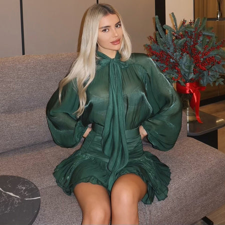 Vitoria Ruffle Coord Skirt Set - seated shot, emerald green - Miss Mosa By Akanksha