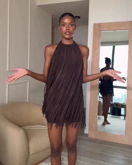 Vivienne Halterneck Fringe Mini Dress - full-length front shot, dark brown - Miss Mosa By Akanksha