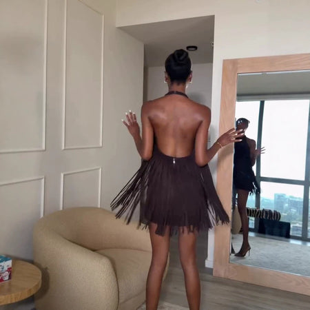 Vivienne Halterneck Fringe Mini Dress - full-length back shot, dark brown - Miss Mosa By Akanksha