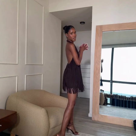 Vivienne Halterneck Fringe Mini Dress - full-length side shot, dark brown - Miss Mosa By Akanksha