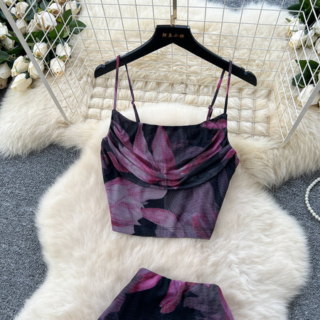 Waldorf Floral Coord Skirt Set - top flat-lay shot, pink and purple floral on black - Miss Mosa By Akanksha