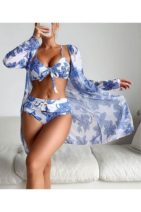 Wella Holiday Bikini Set with Cape - front shot on model, blue - Miss Mosa By Akanksha