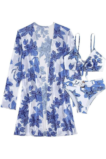 Wella Holiday Bikini Set with Cape - flat-lay product shot, blue - Miss Mosa By Akanksha