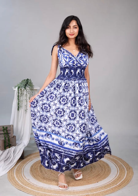 Wester Porcelain Print Maxi Dress In Blue - full-length shot on model, blue - Miss Mosa By Akanksha