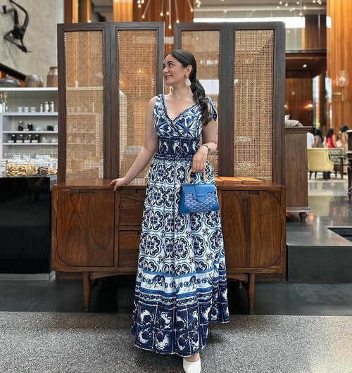 Wester Porcelain Print Maxi Dress In Blue