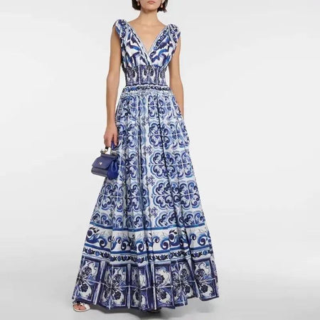 Wester Porcelain Print Maxi Dress In Blue - full-length shot on model, blue - Miss Mosa By Akanksha