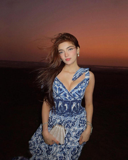 Wester Porcelain Print Maxi Dress In Blue - lifestyle shot on model, blue - Miss Mosa By Akanksha