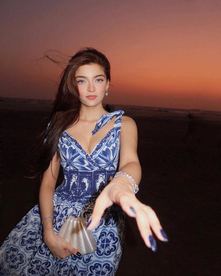 Wester Porcelain Print Maxi Dress In Blue - lifestyle shot on model, blue - Miss Mosa By Akanksha