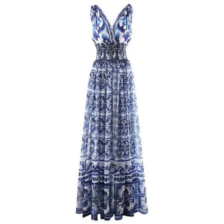 Wester Porcelain Print Maxi Dress In Blue - full-length shot on model, blue - Miss Mosa By Akanksha