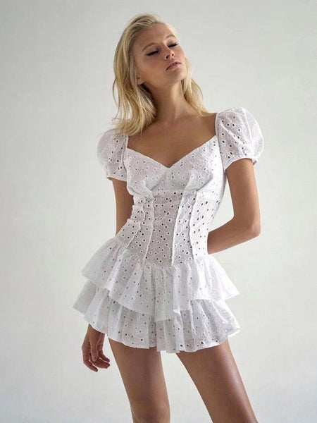 Wetzel Eyelet Dress In White - front shot on model, white - Miss Mosa By Akanksha