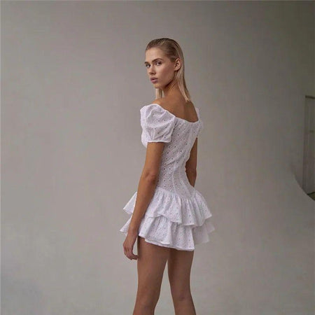 Wetzel Eyelet Dress In White - back shot on model, white - Miss Mosa By Akanksha