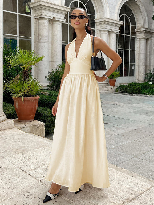 Arina Halterneck Summer Holiday Dress In Beige