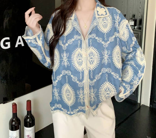 Hana Premium Embroidered Cotton Shirt In Blue