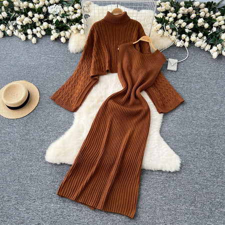 Elana Woolen Dress with Cape Sweater In Rust