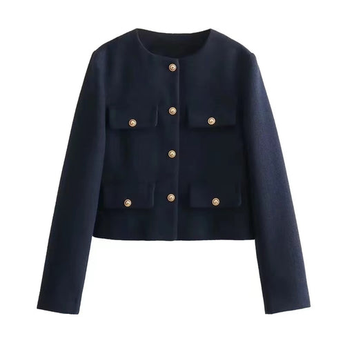 Carol Statement Woolen Tweed Coat In Navy Blue