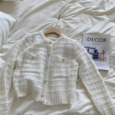 White - Elena Cropped Button Down Cardigan