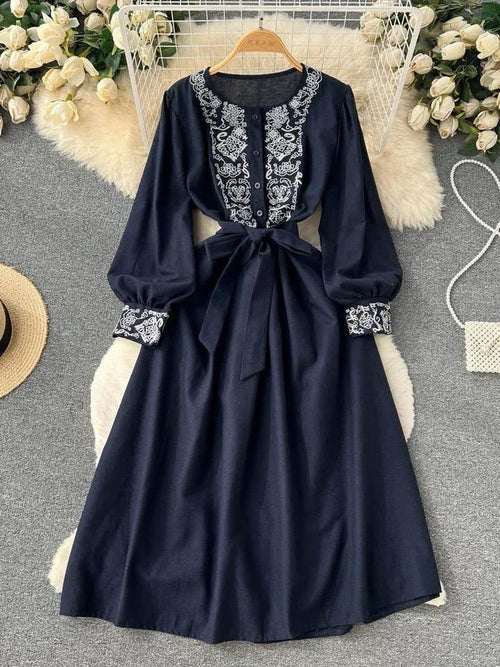 Lyra Statement Belted Dress In Navy Blue