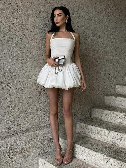Samantha Halterneck Balloon Dress In Beige