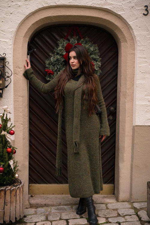 Micola Woolen Dress With Scarf In Olive
