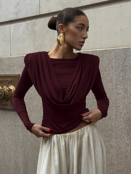 Wiley Cowl Summer Top - front shot on model, burgundy - Miss Mosa By Akanksha