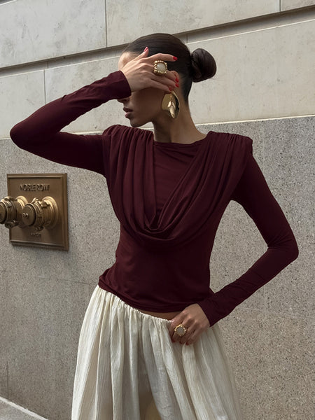Wiley Cowl Summer Top - front shot on model, burgundy - Miss Mosa By Akanksha