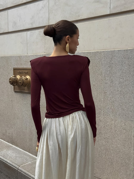 Wiley Cowl Summer Top - back shot on model, burgundy - Miss Mosa By Akanksha