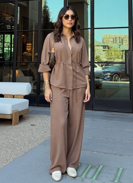 Willy Summer Two Piece Set In Brown - full-length shot on model - Miss Mosa By Akanksha