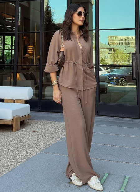 Willy Summer Two Piece Set In Brown - full-length shot on model - Miss Mosa By Akanksha