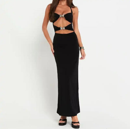 Wings Statement Bodycon Maxi Dress In Black - full-length front shot on model - Miss Mosa By Akanksha